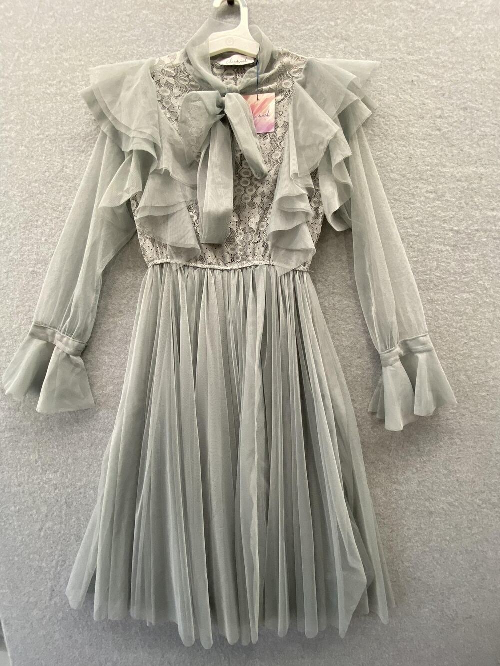 Chicwish Dress Womens Small Sage Gray Lace Ruffle Mesh Coquette Fairy Bow Midi